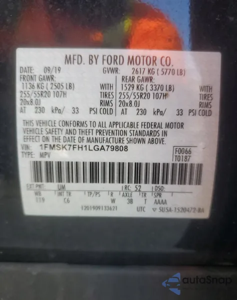 2020 Ford Explorer Limited from USA, damaged, VIN 1FMSK7FH1LGA79808